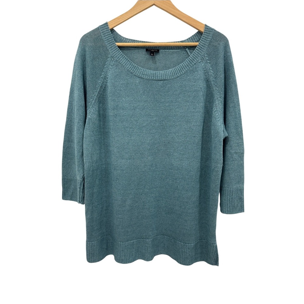 Talbots 2X 100% Linen Teal Blue Knit Sweater Scoop Neck Ribbed Hem